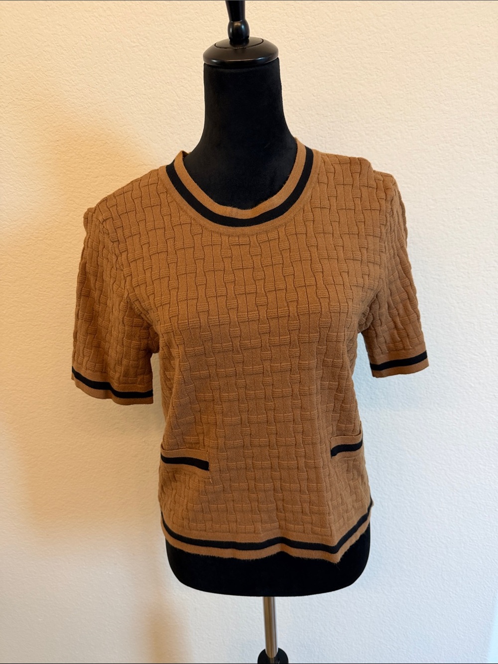 Ellen Tracy Camel Short-Sleeve Knit Top with Black Trim